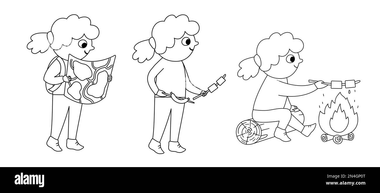 Ein schwarzes und weißes Mädchen, das Sommeraktivitäten macht. Süßes Kind, das mit Karte spaziert und mit Marshmallow und Wurst vor dem Feuer sitzt. Vektor Stock Vektor