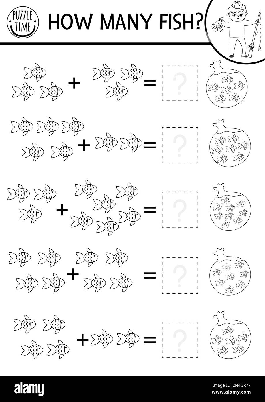 Wie viele Fische Schwarzweiß-Wild mit süßen Fischen im Sack mit Wasser. Sommer Mathematik Ergänzung Gliederung Aktivität. Druckbares Zählarbeitsblatt oder Farbe Stock Vektor