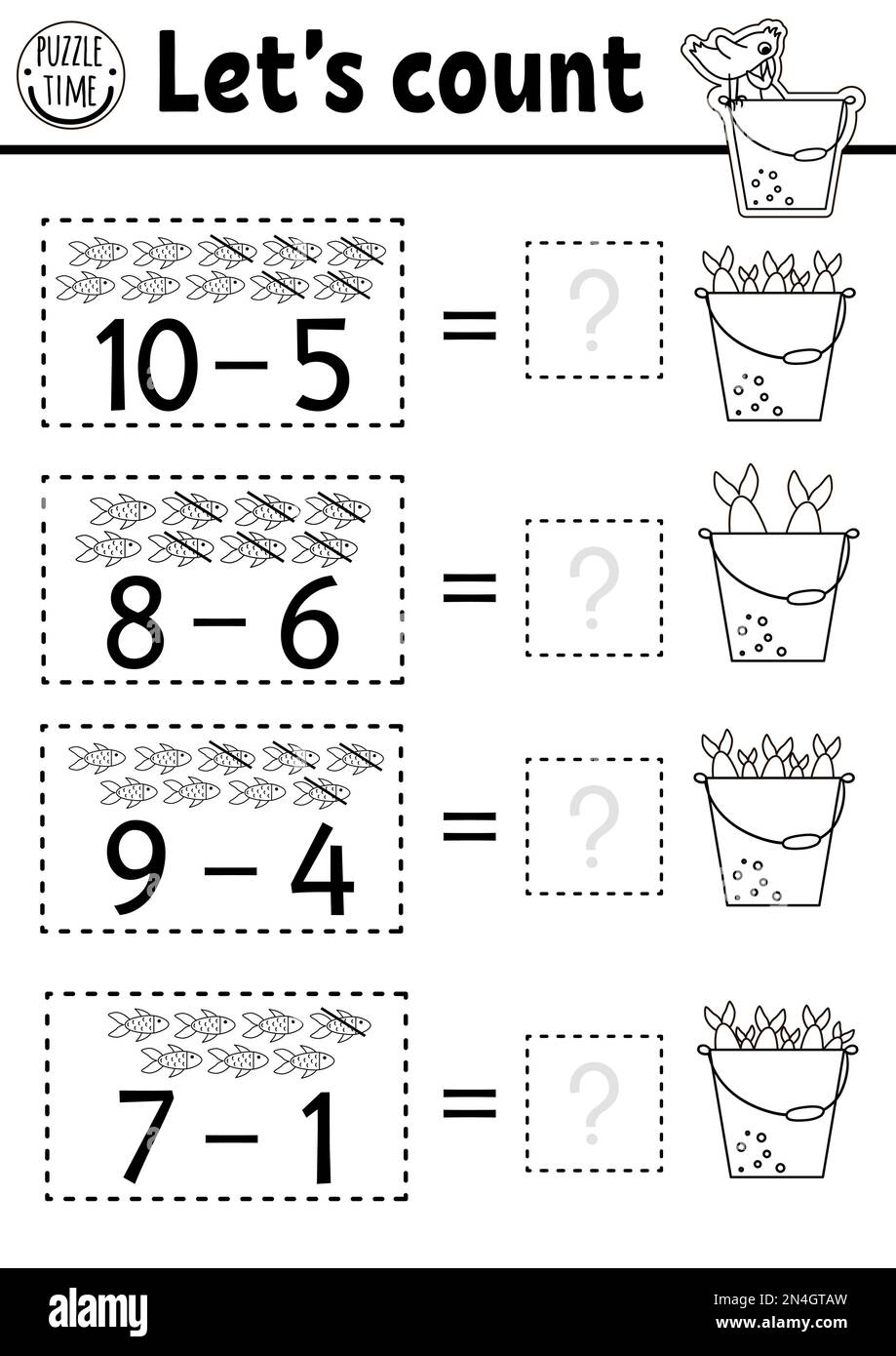 Wie viele Fische schwarz-weiß Wild mit süßen Fischen im Eimer. Sommeraktivität der mathematischen Subtraktion. Druckbares Zählarbeitsblatt oder Farbausdruck Stock Vektor