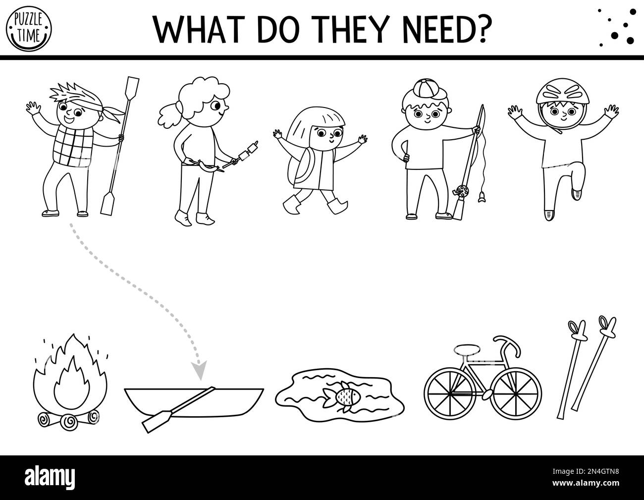 Sommerlager in Schwarz und Weiß mit süßen Kindern. Rätsel für einen Familienausflug in die Natur. Kinder mit Paddel, Stab, Helm. Suchen Sie die richtige o Stock Vektor
