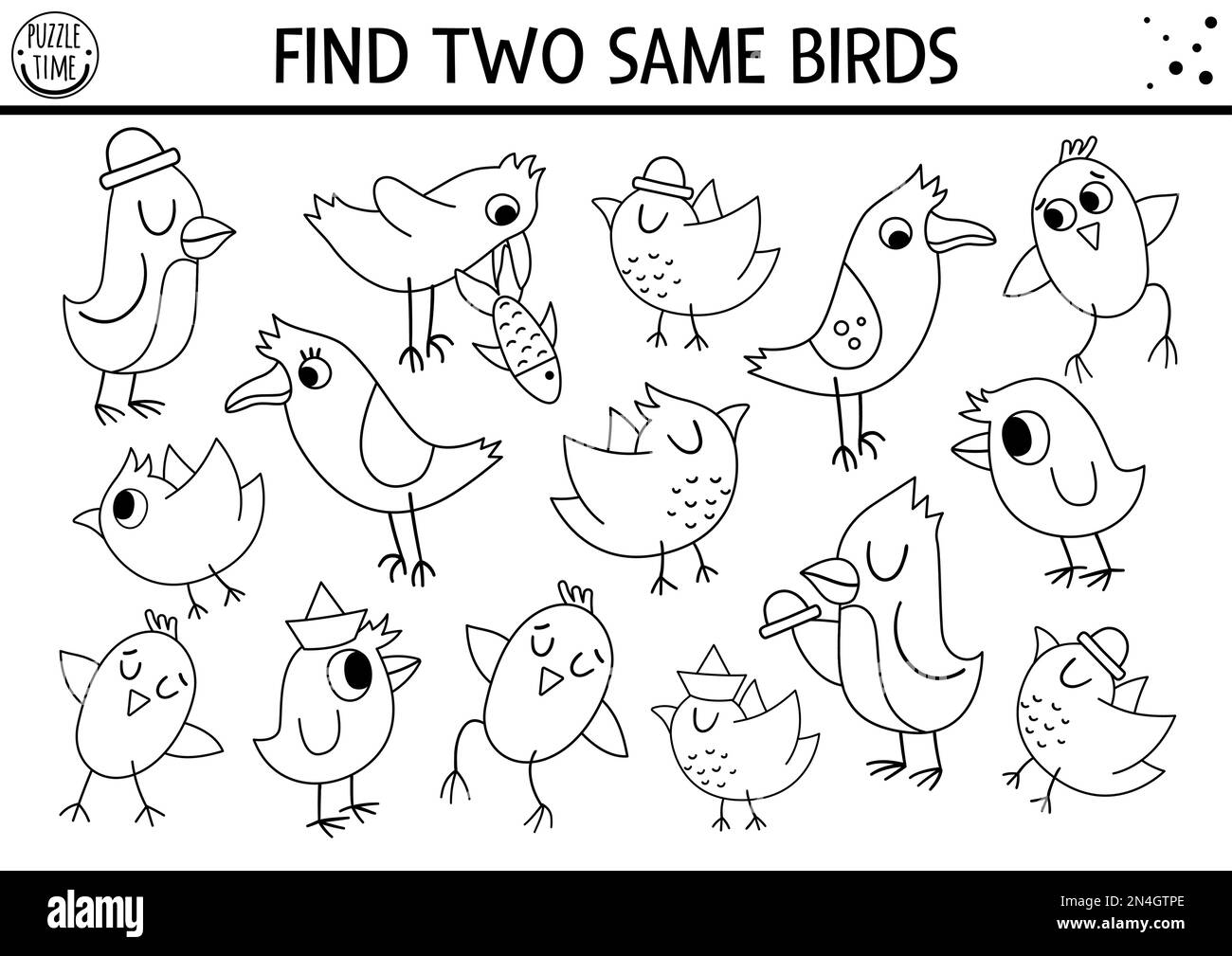 Finde zwei gleiche Vögel. Passende Aktivität oder Farbseite für Wald-Schwarz-Weiß. Lustiges Arbeitsblatt zum logischen Quiz „Wald“ für Kinder. Einfacher Printab Stock Vektor