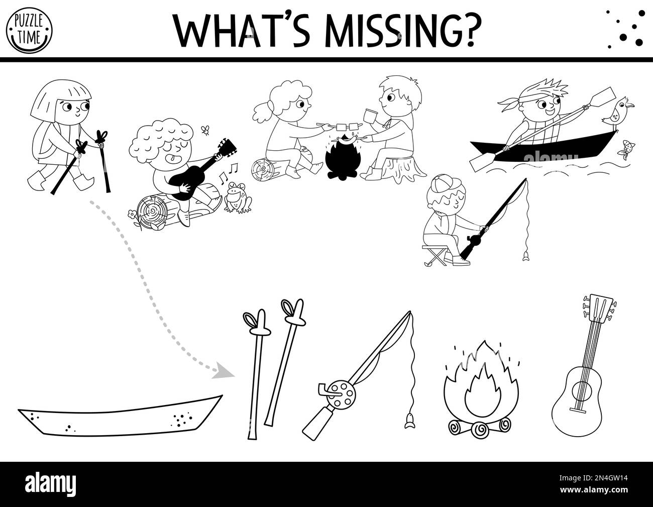 Sommerlager in Schwarz und Weiß mit passenden Schattenspielen. Roadtrip für die ganze Familie: Puzzle mit Wanderkindern. Finden Sie die richtige Arbeitshilfe für den Silhouettendruck Stock Vektor