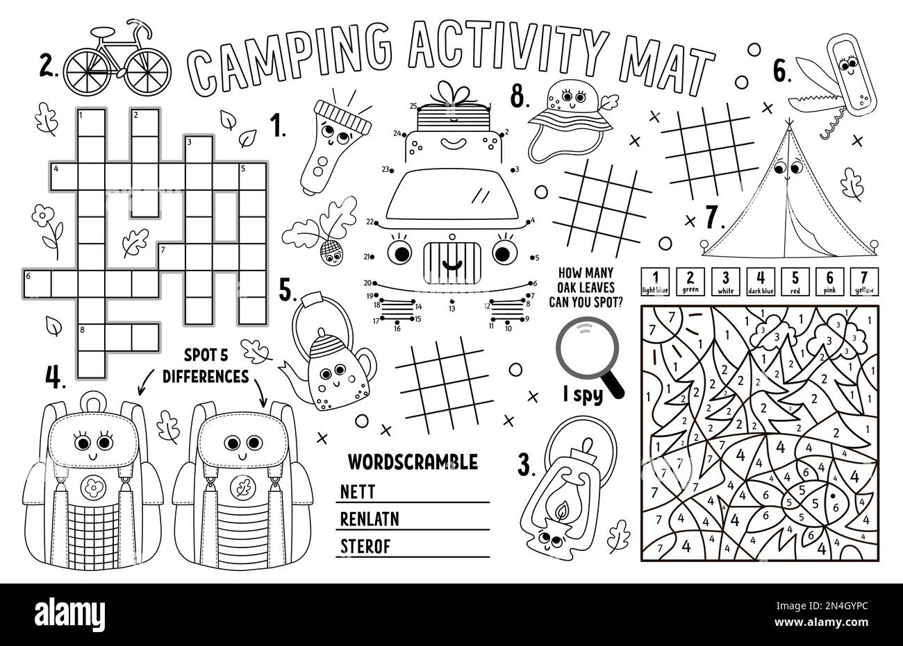 Vektor-Camping-Tischset. Sommerferien ausdruckbare Spielmatte mit Labyrinth, Tic tac TOE Charts, verbinde die Punkte, Kreuzworträtsel, Farbe nach Zahl. Schwarz Stock Vektor