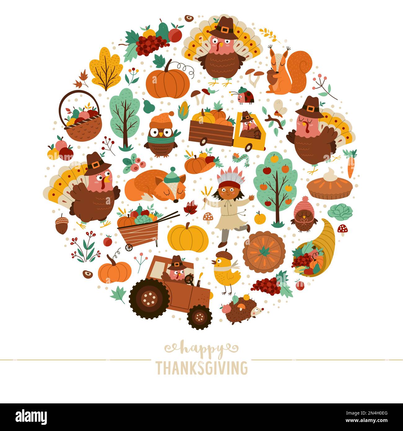 Vektorrahmen mit komischem truthahn, Waldtieren, Thanksgiving Elementen, Kürbissen, Ernte. Herbstvorlage für Banner, Poster, invi Stock Vektor