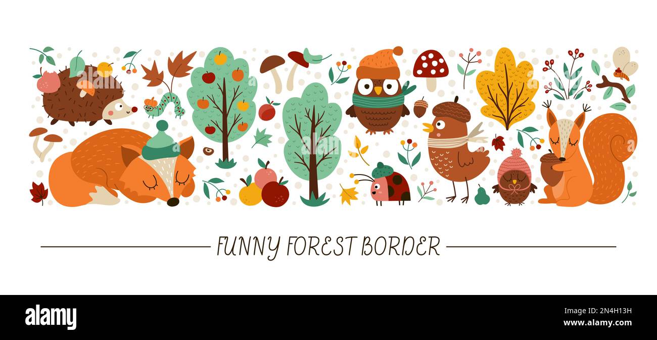 Horizontaler Vektorrand mit niedlichen Tieren und herbstlichen Waldelementen. Thanksgiving-Kartenvorlage mit Waldfiguren, Vögeln, Insekten. Stock Vektor