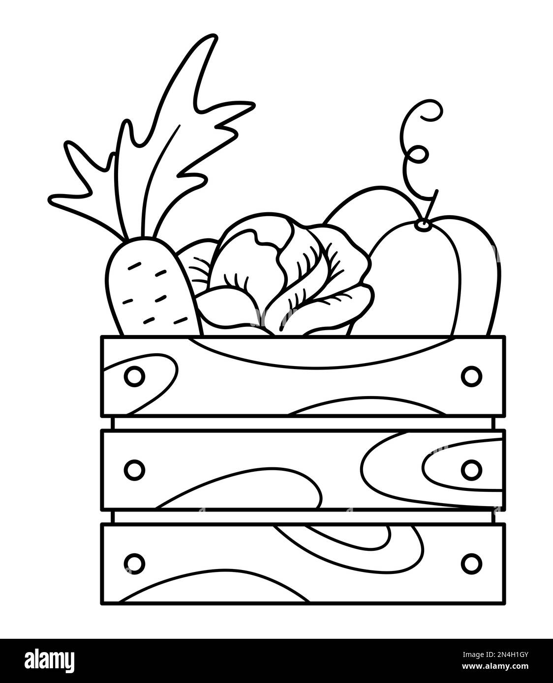 Schwarz-weißes Holzgehäuse mit Karotten, Kohl, Kürbis. Entwurf des Herbsterntekonzepts. Witzige Gemüselinie, isoliert auf Weiß Stock Vektor