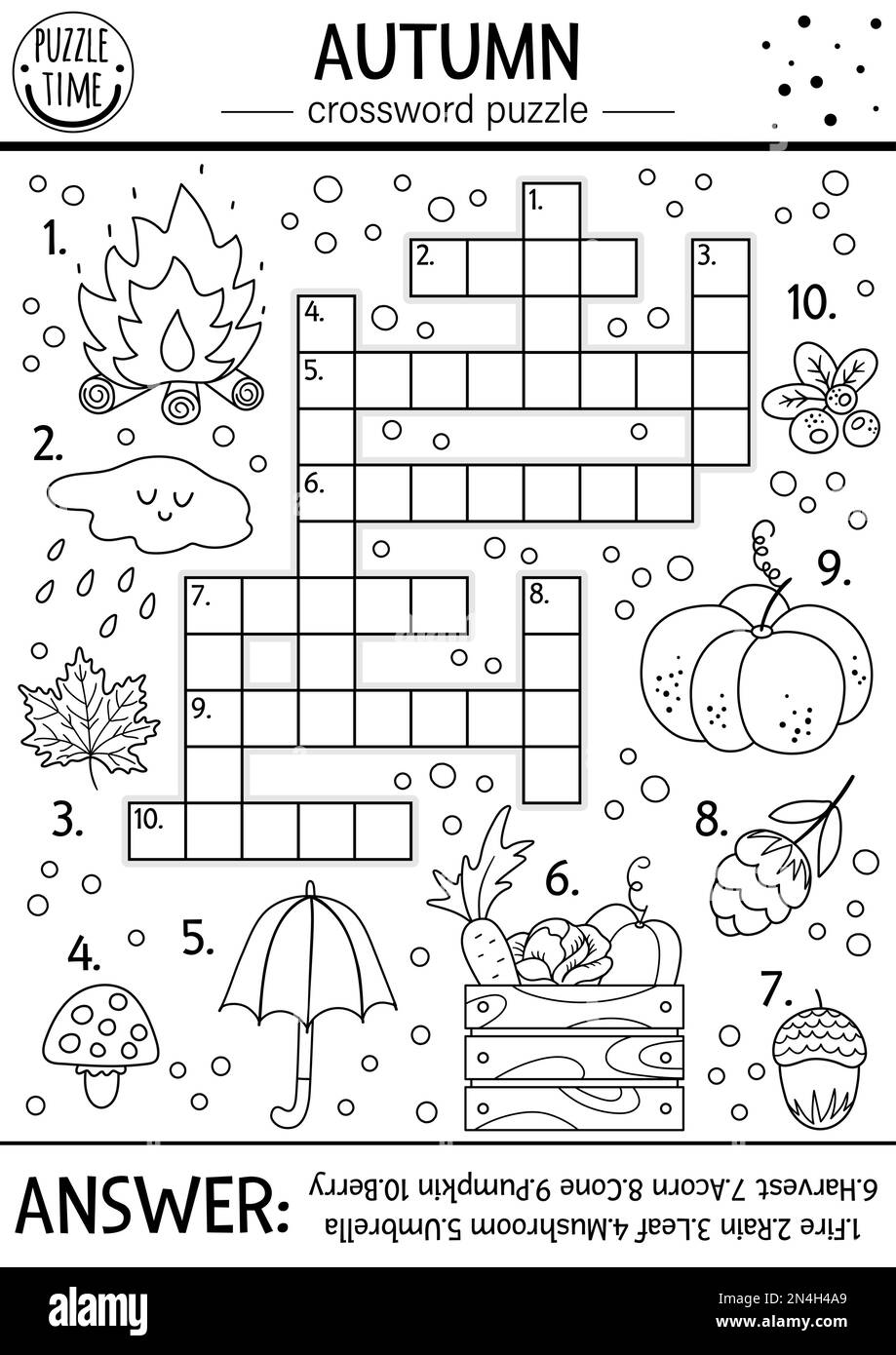 Schwarzweiß-Vector-Kreuzworträtsel für Kinder im Herbst. Einfaches Quiz mit Waldobjekten für Kinder im Herbst. Pädagogische Aktivität oder Stock Vektor