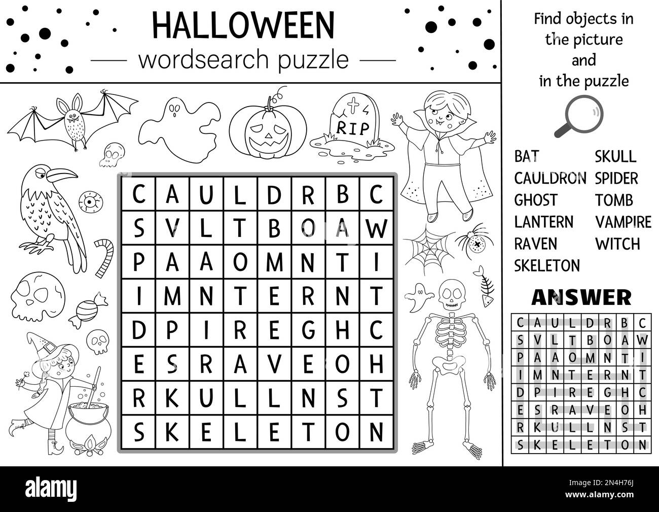 Vector-Halloween-Schwarz-Weiß-Wortsuche-Rätsel für Kinder. Einfache Kreuzworträtsel- oder Malseite mit Spukhaus und gruseligen Dingen. Schlüsselwort Activity w Stock Vektor