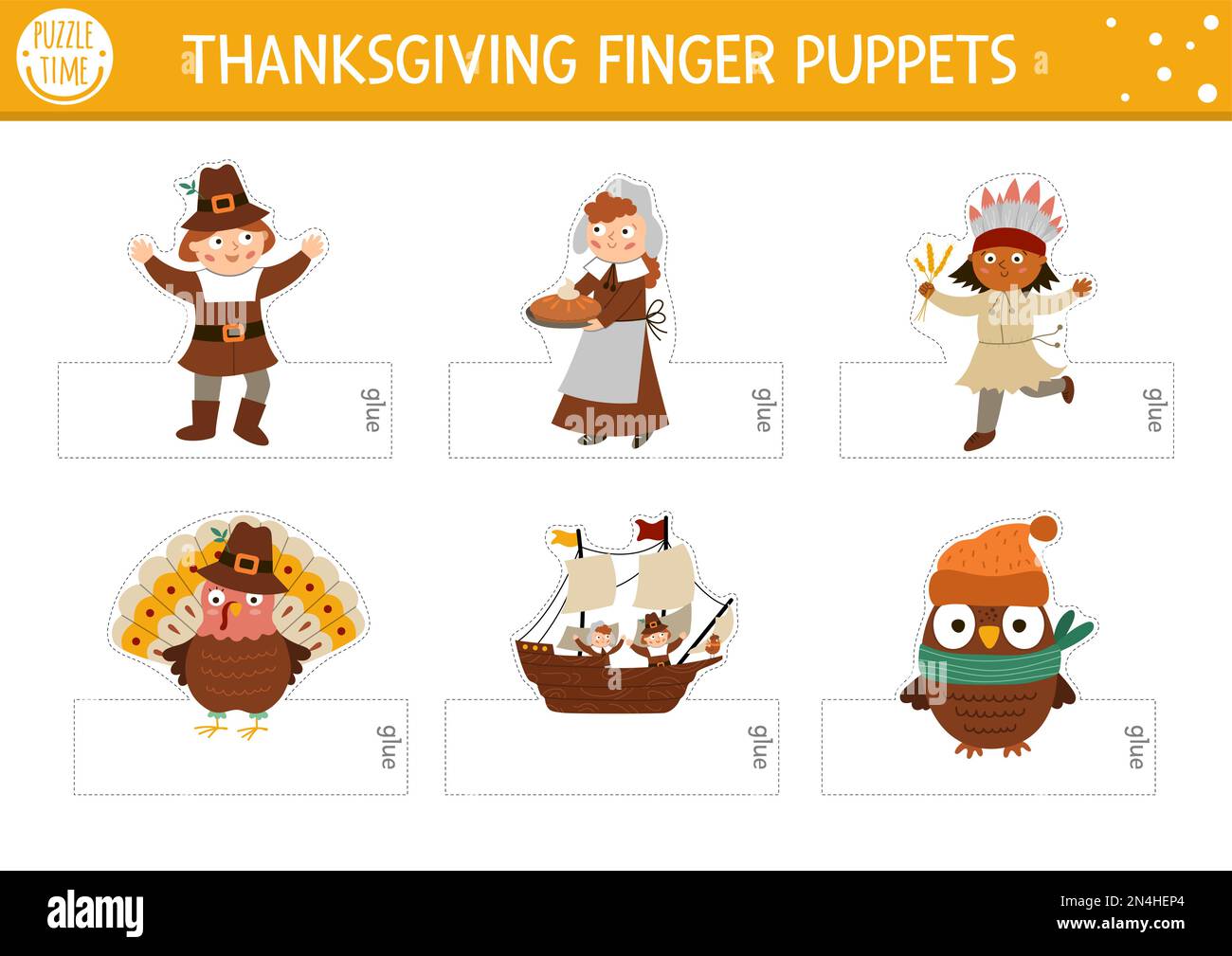 Vector Thanksgiving Fingerpuppen-Set. Süße Papierpuppe, truthahn, Pilger, Indianer, Eule für Kinder. Herbstliche Herbstferien mit ausgestanzten Handwerkskarten Stock Vektor