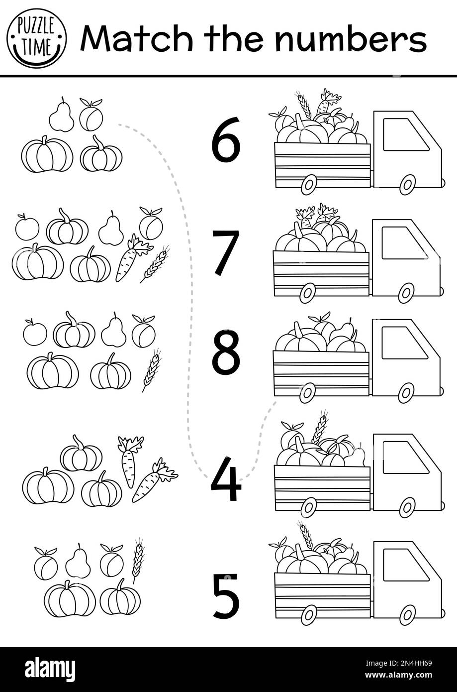 Ordnen Sie das Schwarz-Weiß-Spiel dem Lieferwagen und der Ernte zu. Mathematikaktivität im Herbst mit süßem Gemüse und Obst. Ausdruckbare Bildzählung Stock Vektor