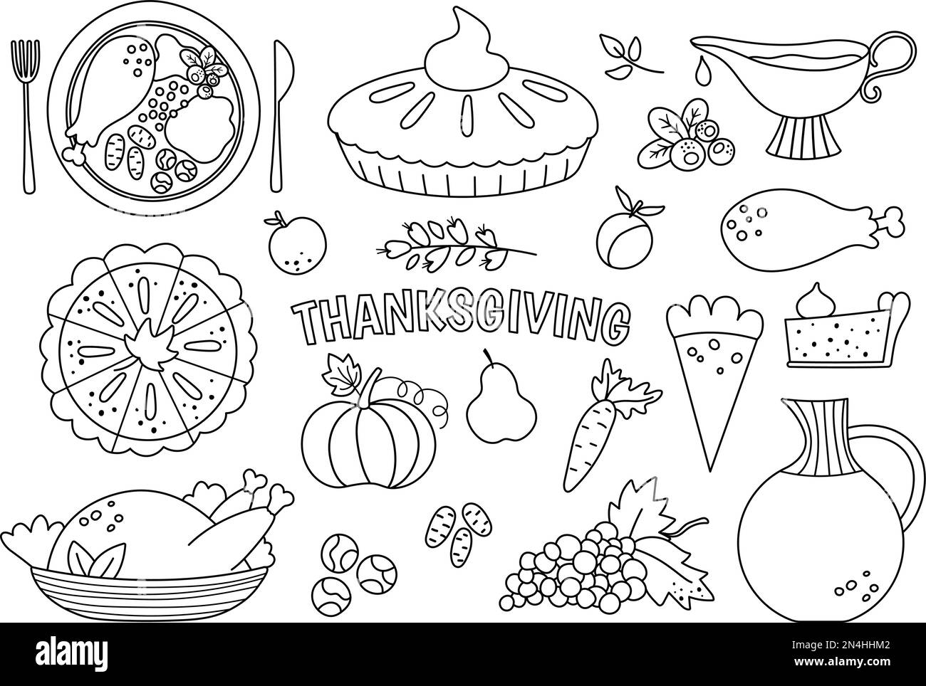 Traditionelle Thanksgiving-Desserts und Gerichte in Schwarz und Weiß. Süße Darstellung eines Herbstfrühstücks. Food Line Kollektion Herbst w Stock Vektor