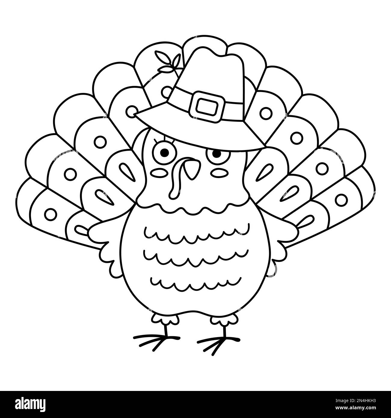 Vector schwarz-weißer Thanksgiving-truthahn mit Pilgerhut. Symbol für die Herbstvogel-Linie. Herbstferientier isoliert auf weißem Hintergrund. Stock Vektor