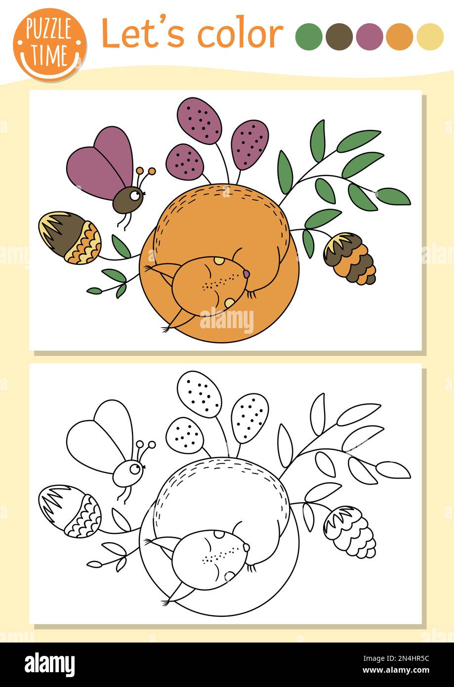 Waldfarbenseite für Kinder mit Schlaffuchs, Zapfen. Vektorwald-Umriss mit niedlichem Tier. Ein liebenswertes Farbbuch für Kinder mit CO Stock Vektor