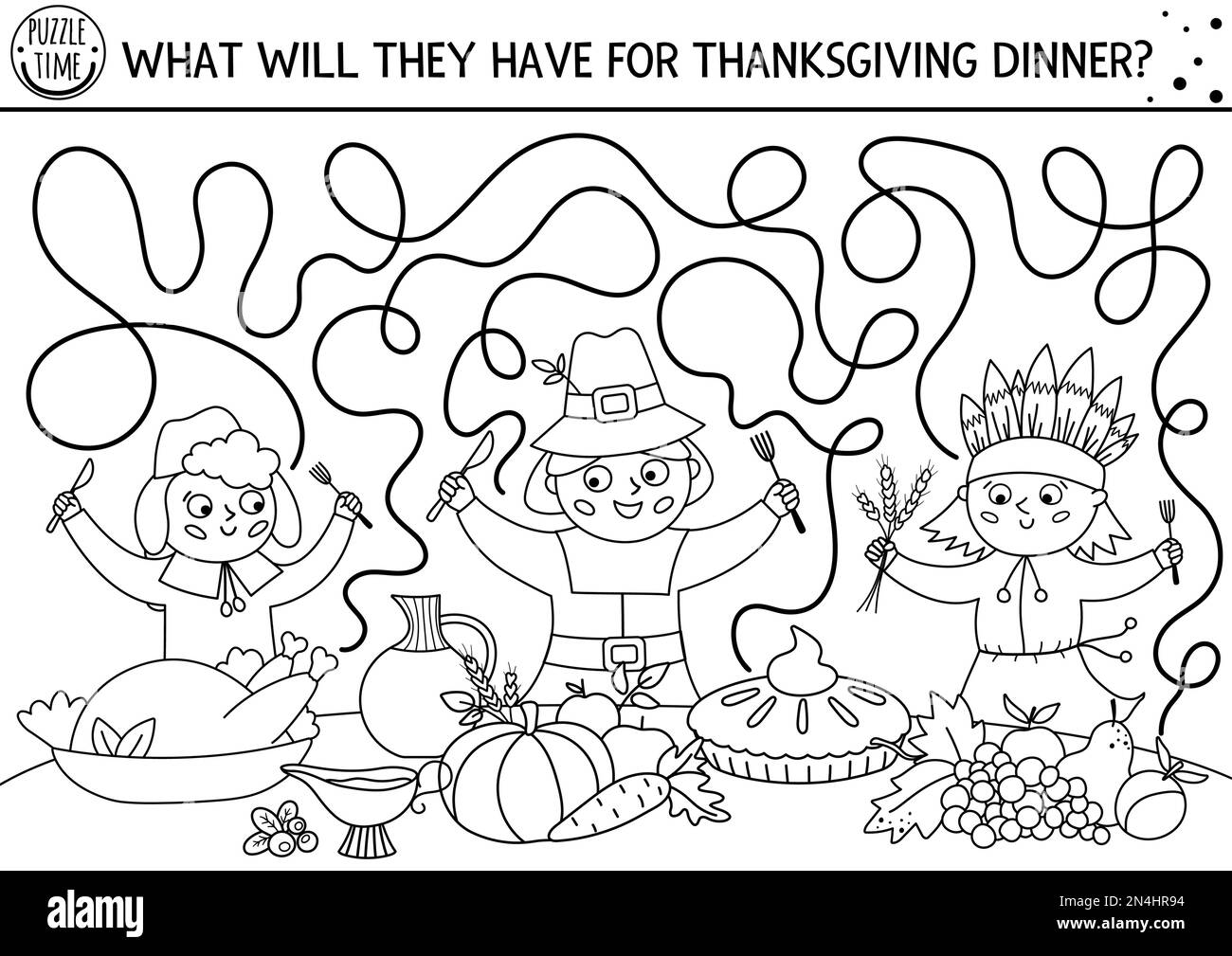 Thanksgiving schwarz-weißes Labyrinth für Kinder. Druckversion der Herbstfeiertage. Herbstlabyrinth-Spiel oder Ausmalseite mit den ersten Amerikanern, Nat Stock Vektor