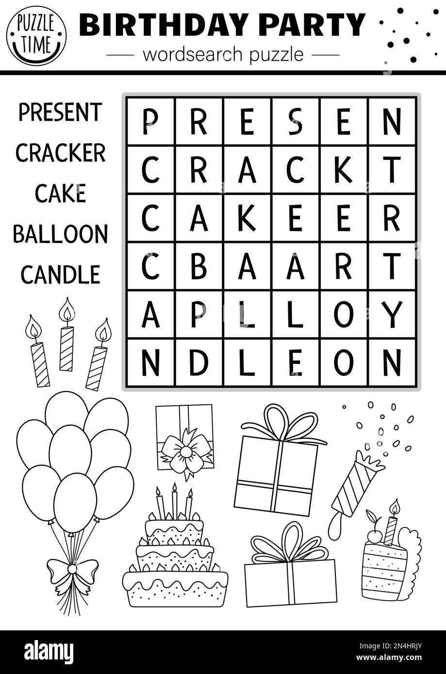 Vector schwarz-weiß Geburtstagsparty Wortsuche Puzzle für Kinder. Einfaches Kreuzworträtsel mit Geschenk, Kuchen, Ballon, Kerze. Pädagogischer Jahrestag Stock Vektor