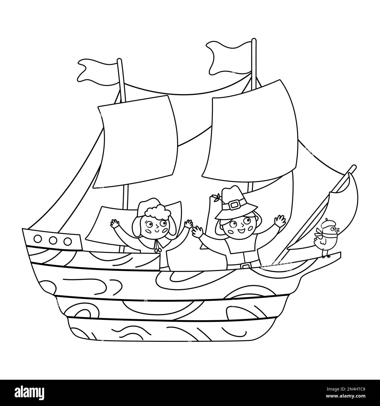 Schwarz-weißes Holzschiff mit Pilgern isoliert auf weißem Hintergrund. Pilgrim historische Bootsführung. Thanksgiving-Tag-Linie ico Stock Vektor