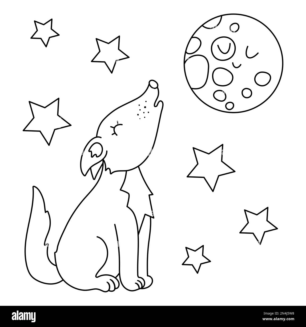 Vektor schwarz-weißer Wolf heult den Mond an. Lustige Nachtszene mit einem Waldtier. Hübsche Waldlinie oder Malseite Stock Vektor