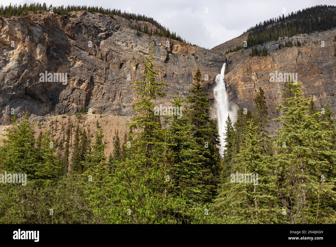 Dieser majestätische Blick auf die Takakkaw Falls, Kanadas zweithöchsten Wasserfall, wurde im Sommer 2014 gedreht. Die Gesamthöhe beträgt fast 1.000 Meter. Die Stockfoto