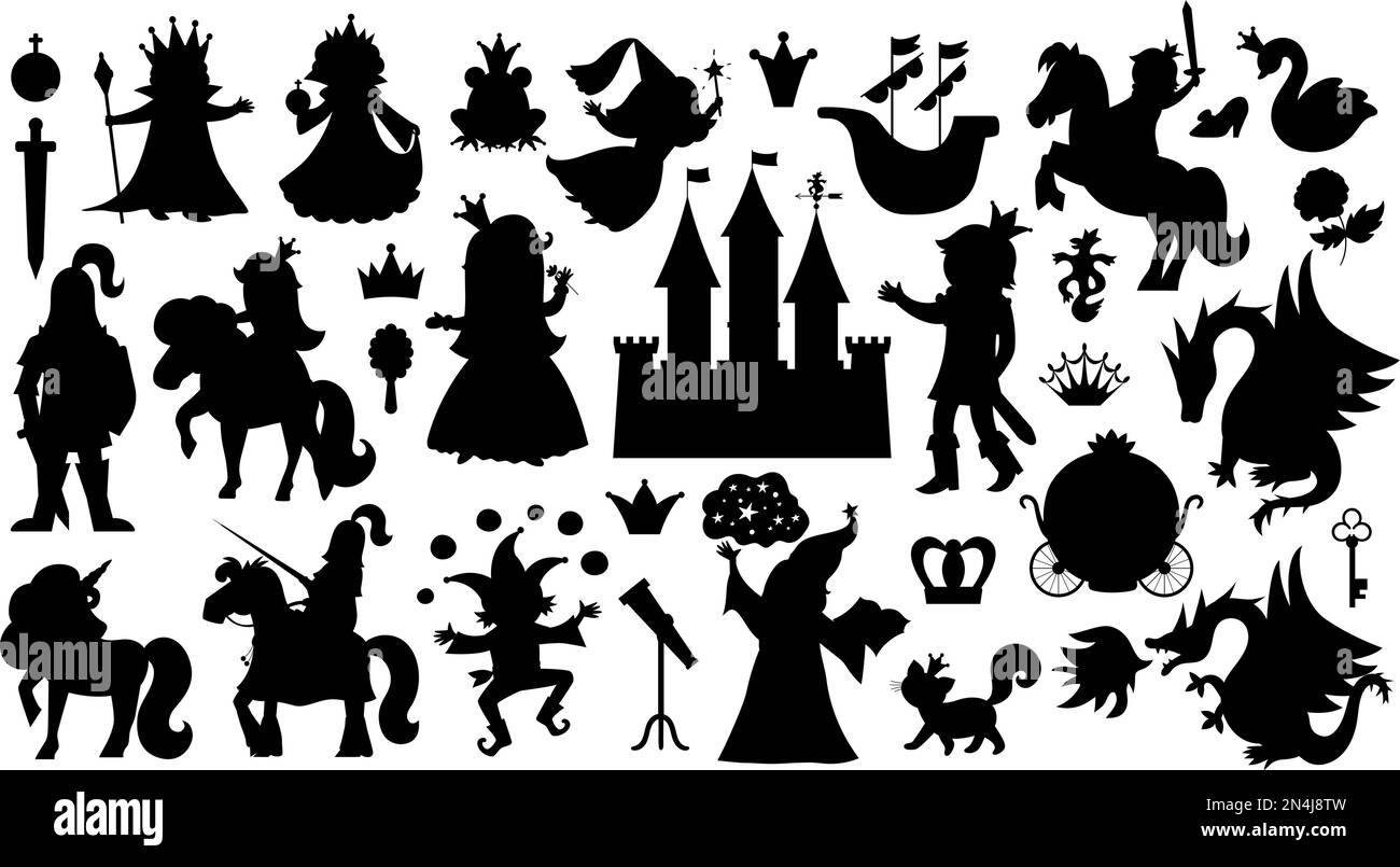 „Märchenfiguren und Objekte“-Silhouetten-Kollektion. Große schwarz-weiße Vektorgruppe von Fantasie Prinzessin, König, Königin, Ritter, Einhorn, drachen. Ich Stock Vektor
