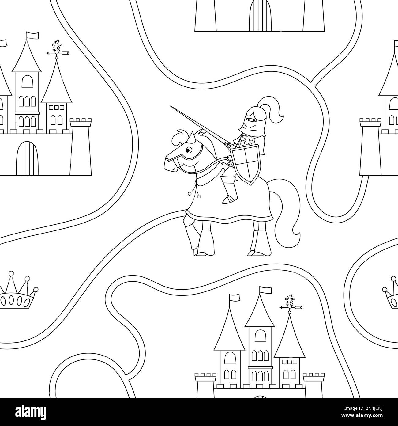 Schwarz-Weiß-Muster mit Märchenprinz, Ritter, Straße, Schloss, Krone. Wiederhole den Hintergrund mit einem Fantasy-bewaffneten Krieger und einem Königlichen Plan. Fairyta Stock Vektor