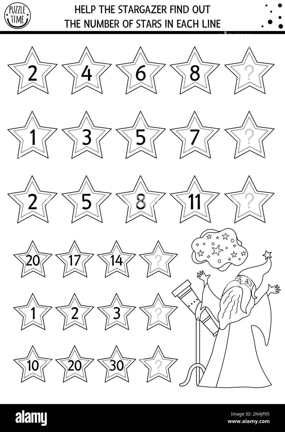 Hilf dem Sternengucker, die Anzahl der Sterne herauszufinden. Schwarz und Weiß setzen das Reihenspiel mit Zahlen und einer niedlichen Märchenfigur fort. Die Logik des magischen Königreichs Stock Vektor
