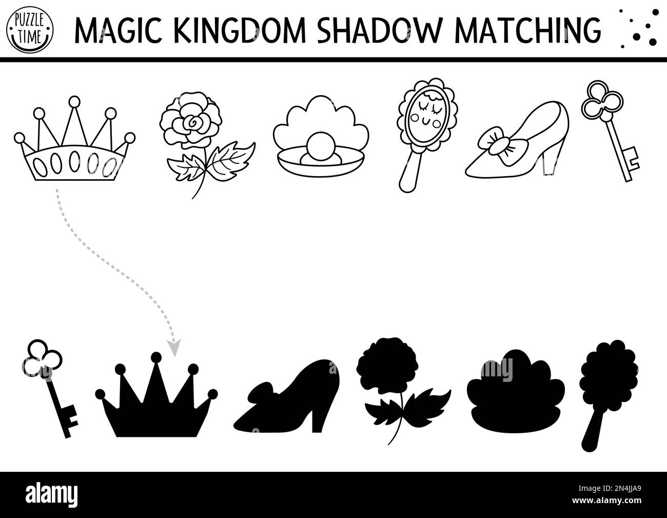 Märchenhafte Schwarz-Weiß-Schattenspiele mit Krone, Spiegel, Schuh. Das  magische Königreich Puzzle. Finde das richtige Arbeitsblatt oder Spiel zum  Ausdrucken der Silhouette Stock-Vektorgrafik - Alamy