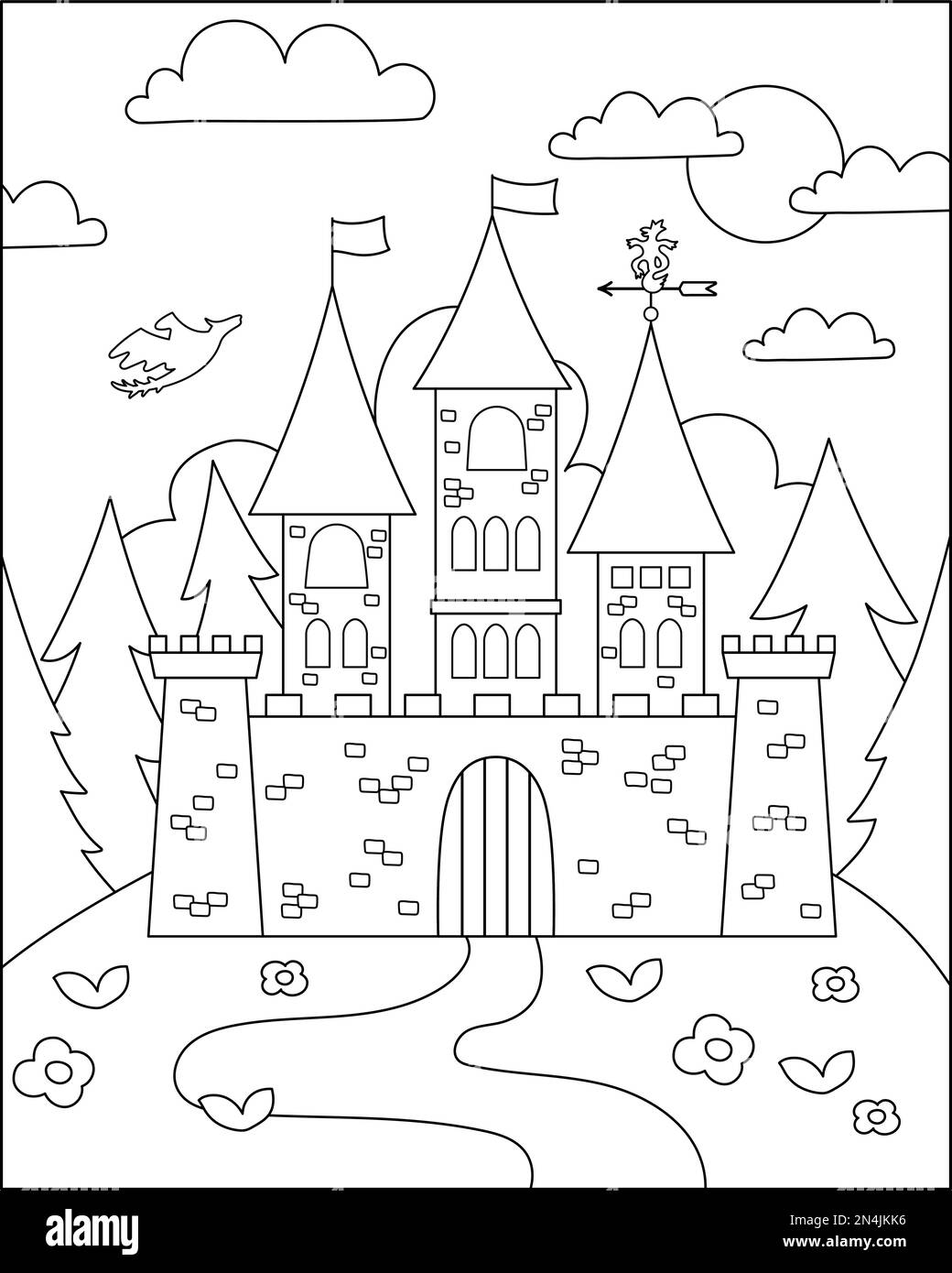 Vector schwarz-weiße Märchenlandschaft mit Burg auf einem Hügel. Märchenhintergrund. Malseite für das magische Königreich. Landschaftsbild mit Mediev Stock Vektor