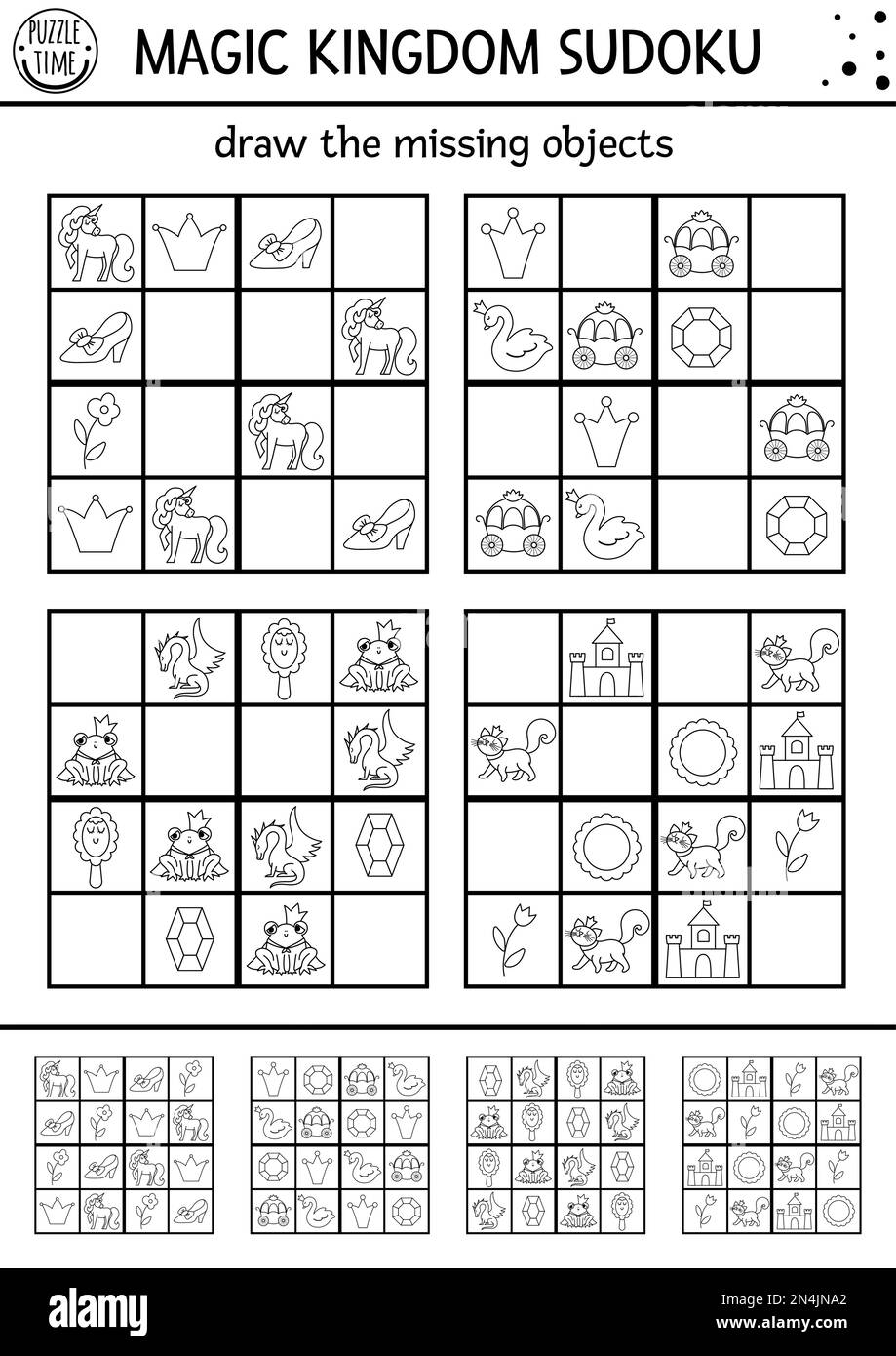 Vector märchenhaftes Sudoku-Puzzle für Kinder mit Bildern. Einfache Zeile magisches Königreich Quiz. Lernaktivität oder Malseite mit Drachen Stock Vektor