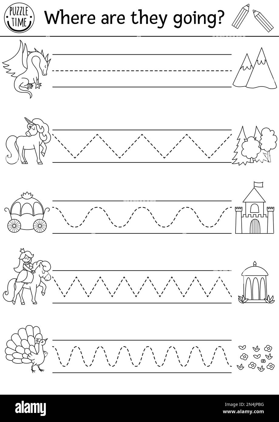 Vektor-Magie-Königreich Handschrift-Übungsblatt. Märchenhafte schwarz-weiße Aktivität für Vorschulkinder. Fantasy-Tracing-Spiel für wr Stock Vektor