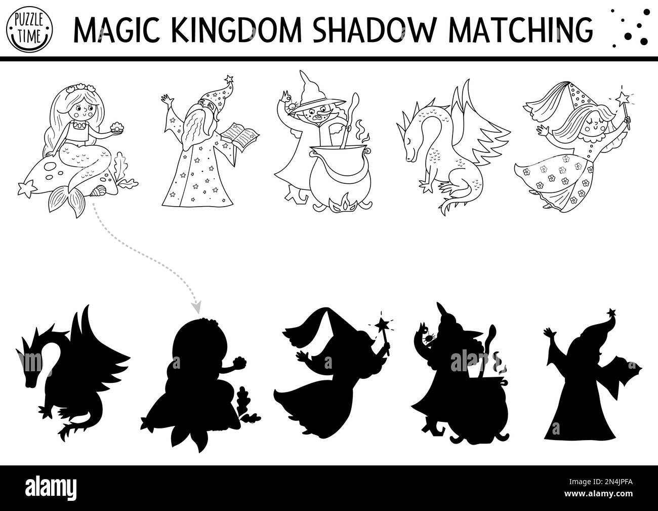 Märchenhafte Schwarz-Weiß-Schatten, die die Aktivität mit Meerjungfrau, Drache und Fee kombinieren. Das magische Königreich Puzzle. Suchen Sie das richtige Arbeitsblatt oder g zum Ausdrucken der Silhouette Stock Vektor