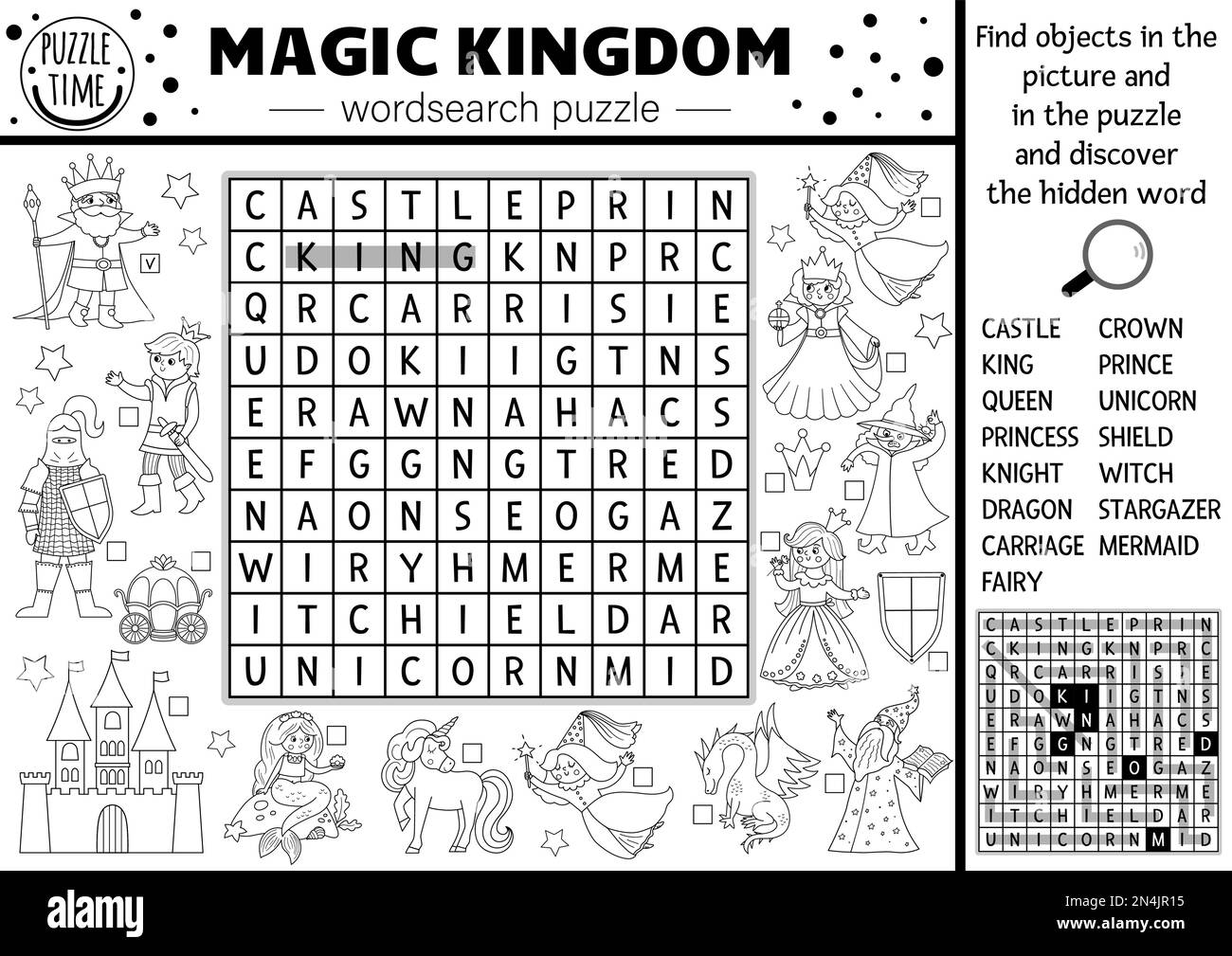 Vector Schwarzweiß-Märchenwortsuche Puzzle für Kinder. Einfaches magisches Kreuzworträtsel mit Fantasiewesen. Aktivität zum Ausmalen der Seite mit Schloss Stock Vektor