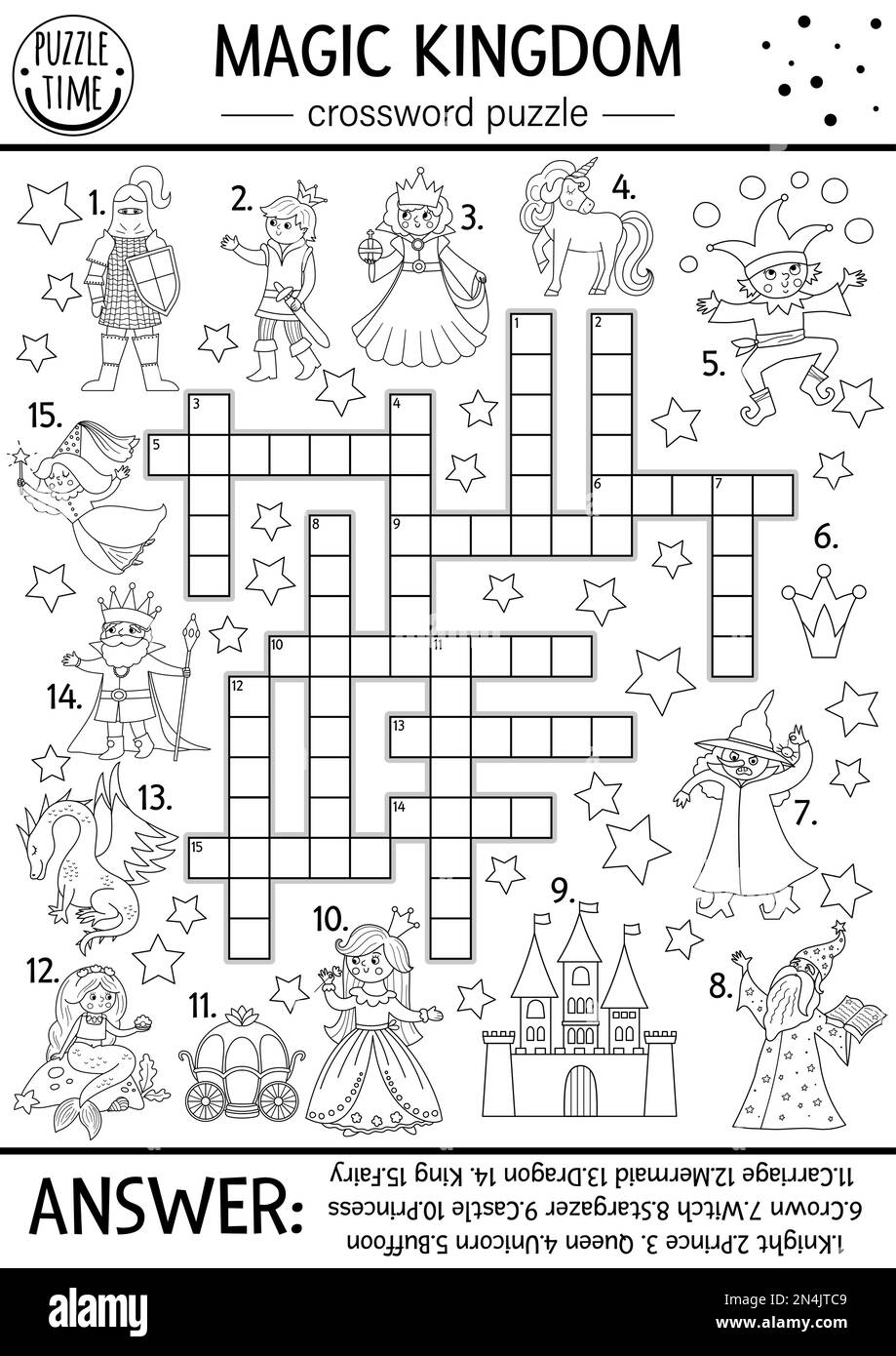 Vector-Märchen-Schwarzweiß-Kreuzworträtsel für Kinder. Einfache Linie magisches Königreich Quiz mit Fantasie-Kreaturen. Pädagogische Aktivität mit Ritter, c Stock Vektor