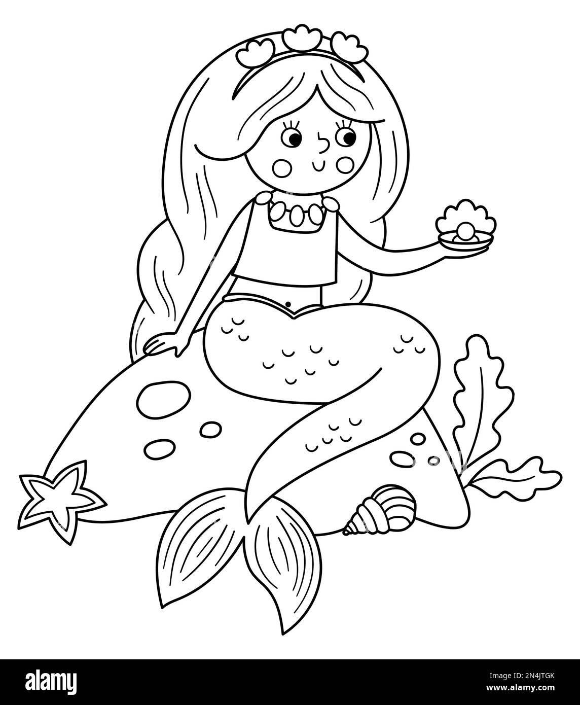 Märchenhafte schwarz-weiße Vektor-Meerjungfrau, die auf einem Stein sitzt und eine Perle hält. Fantasy-Line-Girl in der Krone. Märchenhafte Meeres-Prinzessin mit rosa Haaren. Mädchen Stock Vektor
