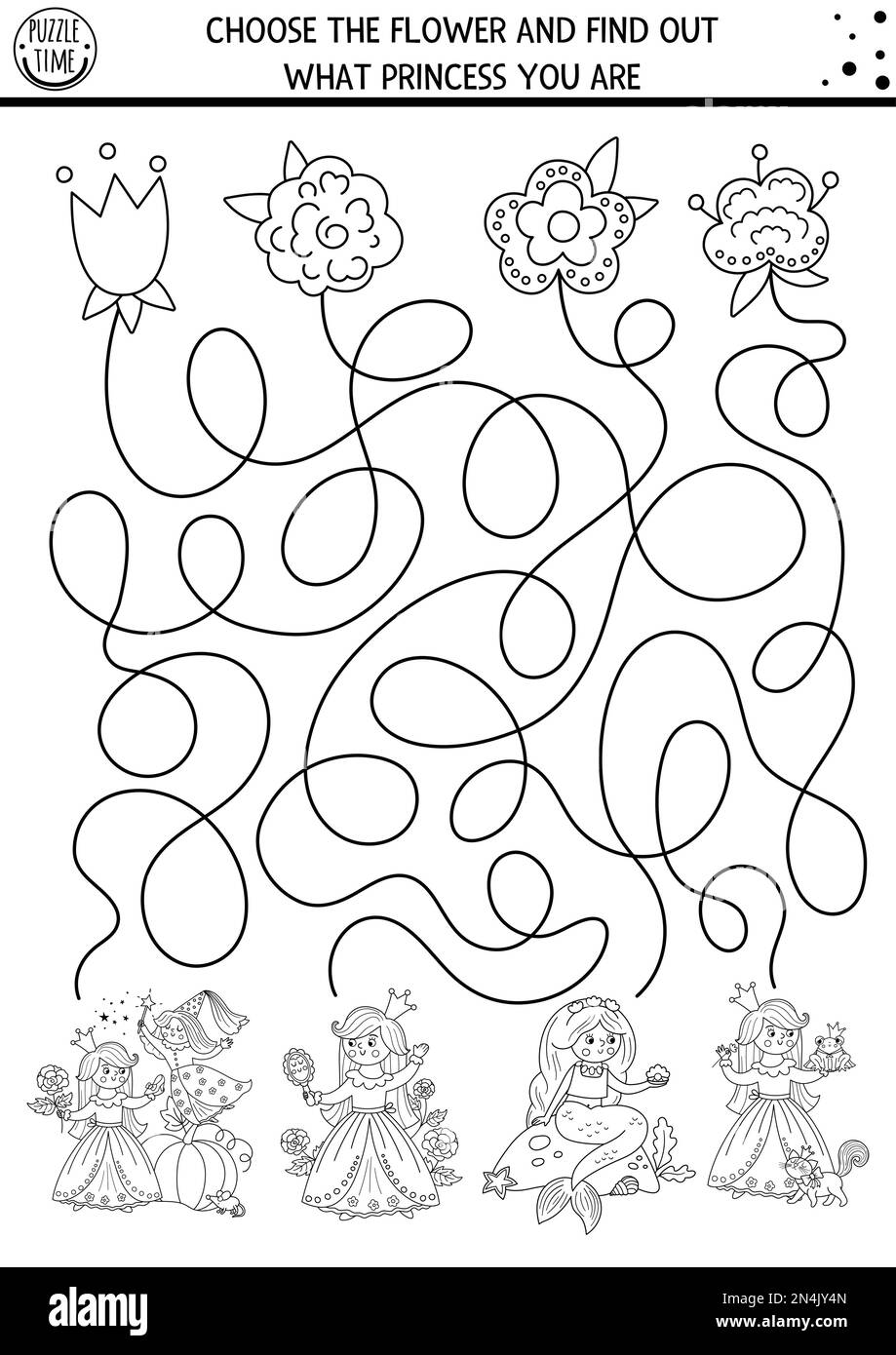 Märchenhaftes schwarz-weißes Labyrinth für Kinder mit süßen Prinzessinnen und Blumen. Magisches Königreich Vorschule druckbare Aktivität oder Malseite mit Schlafmittel Stock Vektor