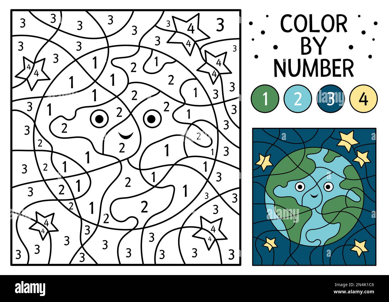 Vektorraumfarbe nach Zahl, Aktivität mit dem Erdplaneten. Astronomie-Farb- und Zählspiel mit niedlichen Sternen. Lustige Cosmos-Farbseite für Kinder. Stock Vektor