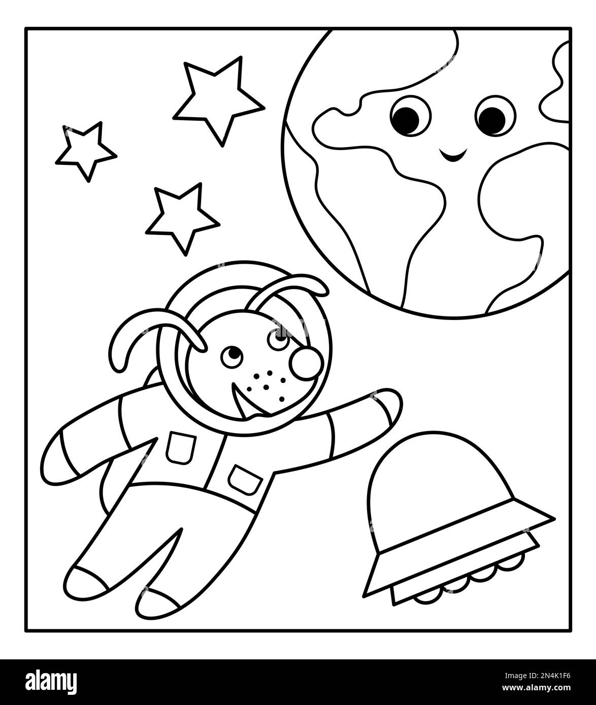 Vector schwarz-weiß witziger Astronautenhund im Weltraum mit Planet Erde, Sternen, UFO. Süße kosmische Illustration für Kinder. Astronomie-Färbung mit Stock Vektor