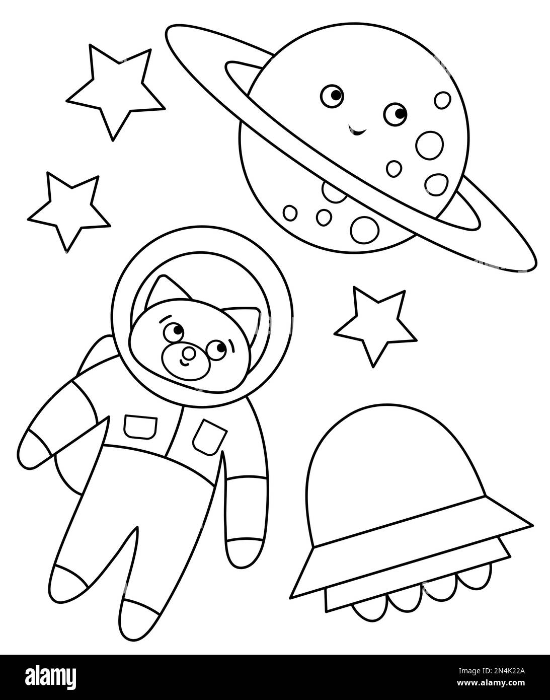 Vektor schwarz-weiß witziger Astronautenfuchs im Weltraum mit Planet, Sternen, UFO. Süße kosmische Illustration für Kinder. Astronomie-Malseite mit kawai Stock Vektor