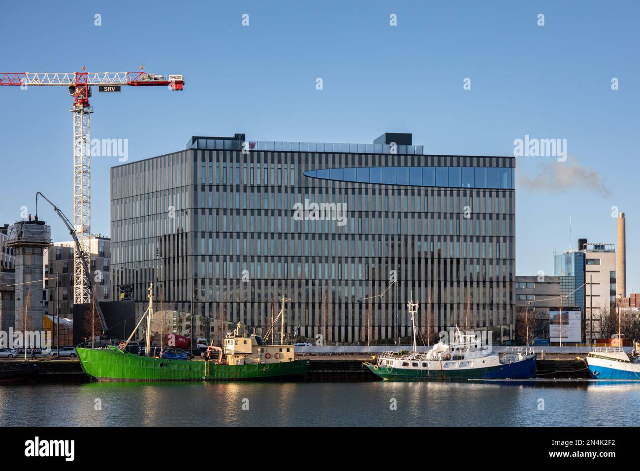 Hauptniederlassung von Supercell, ein hölzernes Bürogebäude namens Wood City in Jätkäsaari oder Länsisatama Waterfront in Helsinki, Finnland Stockfoto