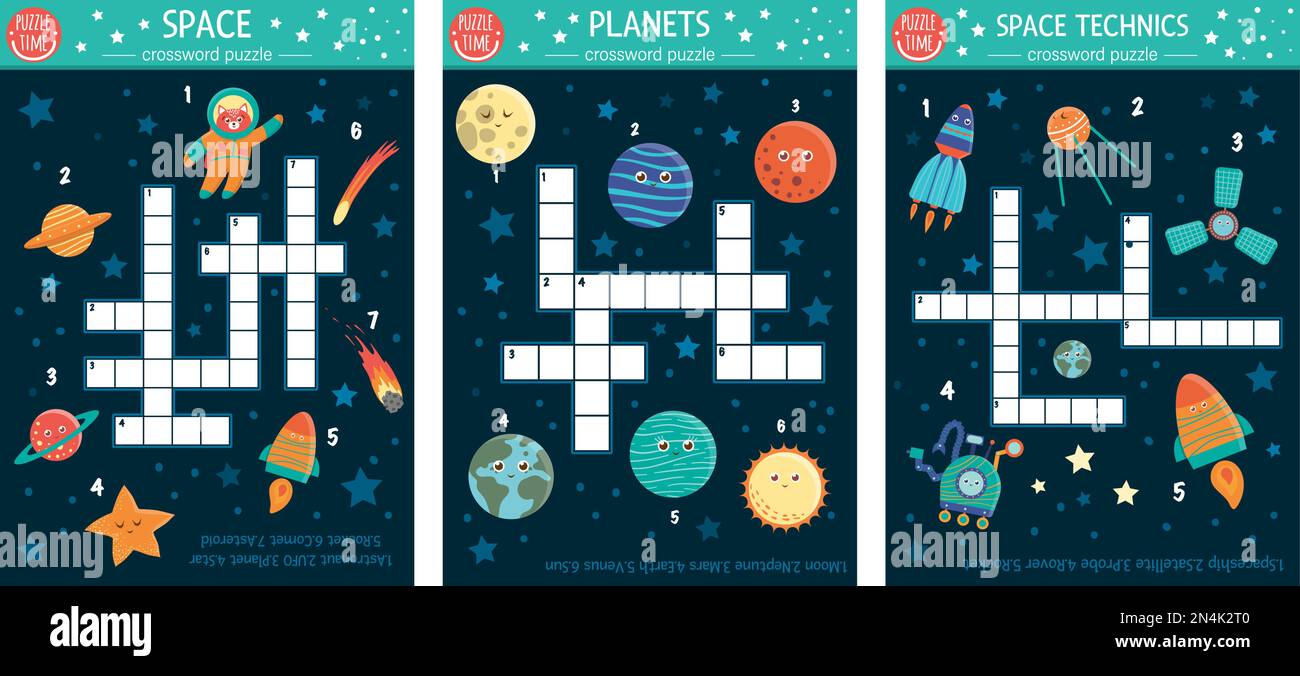 Kreuzworträtsel im Vektorraum gesetzt. Farbenfrohes Quiz für Kinder. Puzzle-Aktivität mit UFO, Planeten, Stern, Astronauten, Kometen, Rakete, Asteroid, Weltraum Stock Vektor