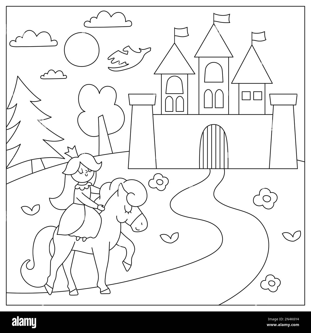 Vector schwarz-weiß mittelalterliche Dorflandschaft mit Prinzessin auf Pferd und Schloss. Malseite für das magische Königreich. Linie magische Waldlandschaft illustriert Stock Vektor