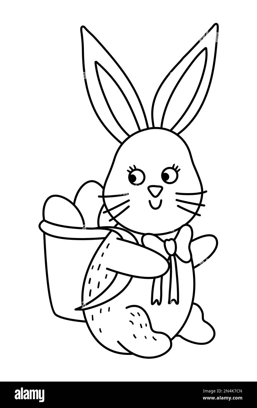 Schwarz-weißer Vektor-Hasen-Tragekorb mit Abbildung der Eier. Ostern: Traditionelle Tierlinie. Süße Frühlings-Hasen-Malseite für Kinder. Stock Vektor