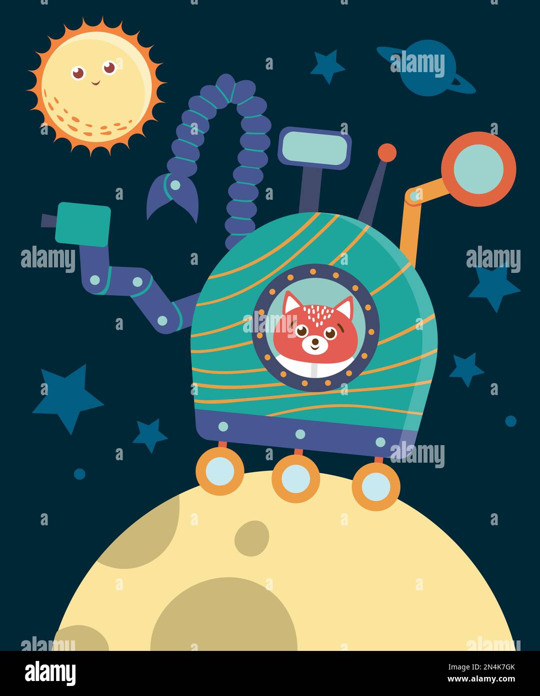 Ein komischer Vektor-Astronautenfuchs im Weltall, der den Mond erforscht. Süße Galaxie-Szene mit Planeten, Sternen, Kosmonauten. Cosmos Illustration für Kinder Stock Vektor