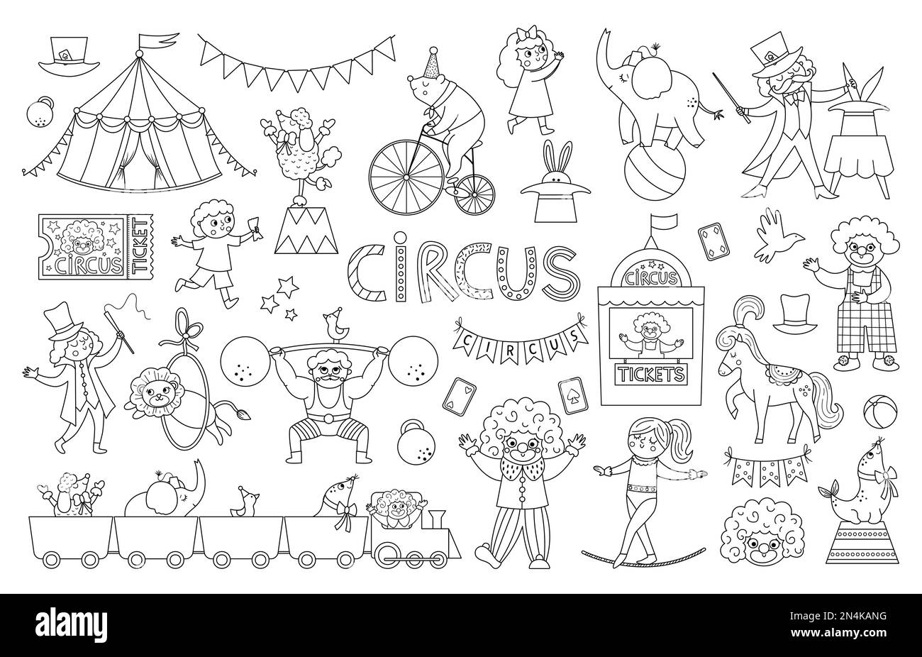 Großer schwarz-weißer Vektorzirkus. Straßenshow Tiere, Zelt, Künstlersammlung. Icons-Paket mit Reihen für Vergnügungsurlaub. Bär auf dem Fahrrad, Clown, Turnerin, Stock Vektor