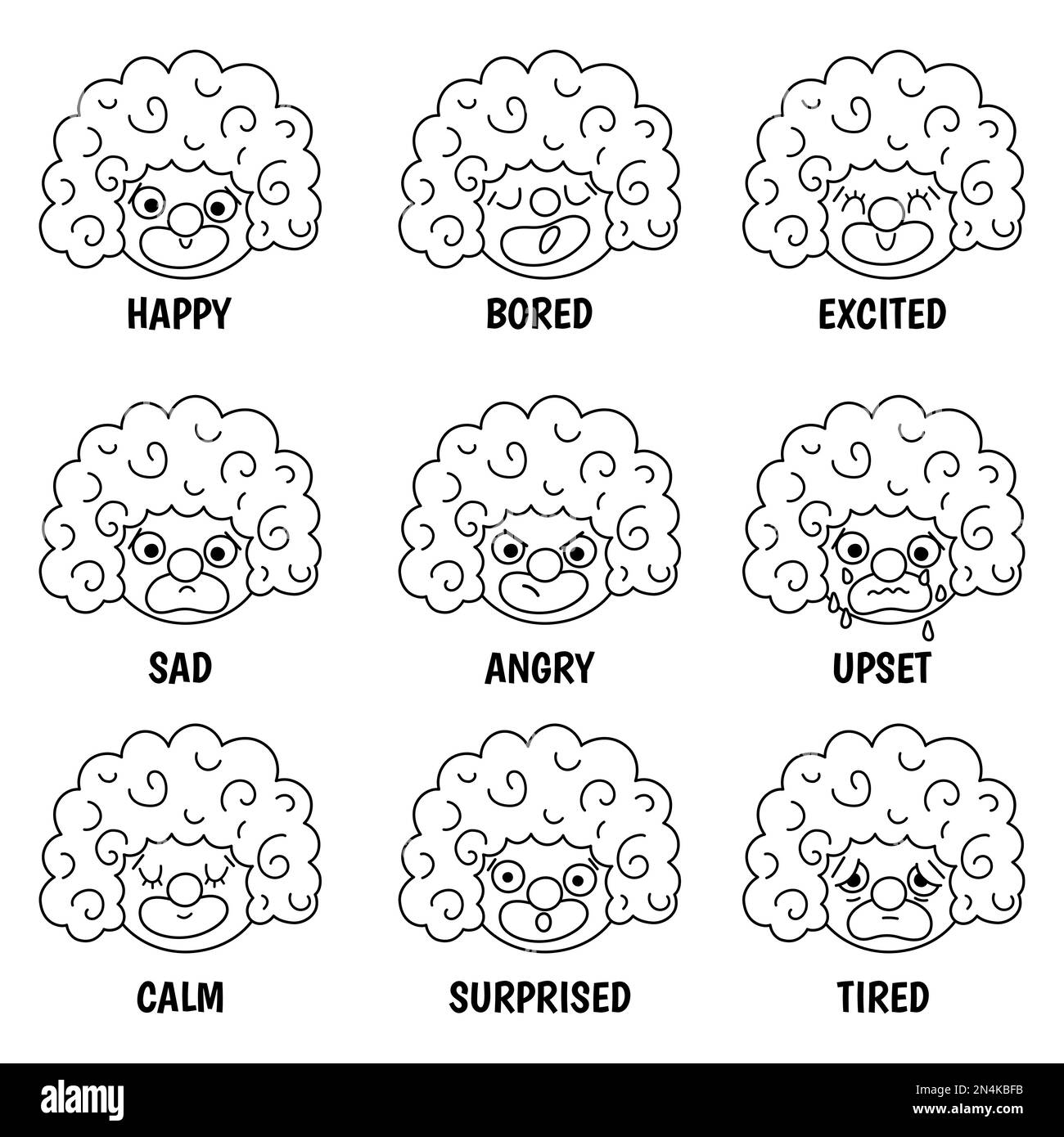 Vector Schwarz-Weiß-Set mit Clowngesichtern, die Gefühle und Emotionen zeigen. Zirkuslinienkünstler Avatare Clipart. Unterhaltungskünste. Festivalcharakteristik Stock Vektor