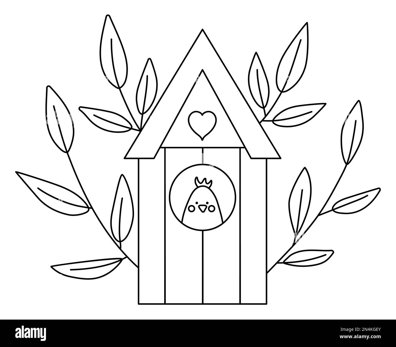 Vector schwarz-weiße Vogelhaus-Illustration mit Baumzweigen und Küken drinnen. Symbol für verschachtelte Rahmenlinie oder Farbseite. Starling-Haus-Malerseite. Stock Vektor