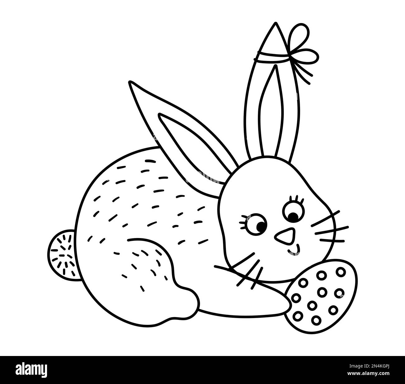 Vektor schwarz-weißes Häschen-Bild mit Ei. Ostern traditionelles Tierliniensymbol. Süße Frühlings-Hasen-Malseite für Kinder. Stock Vektor