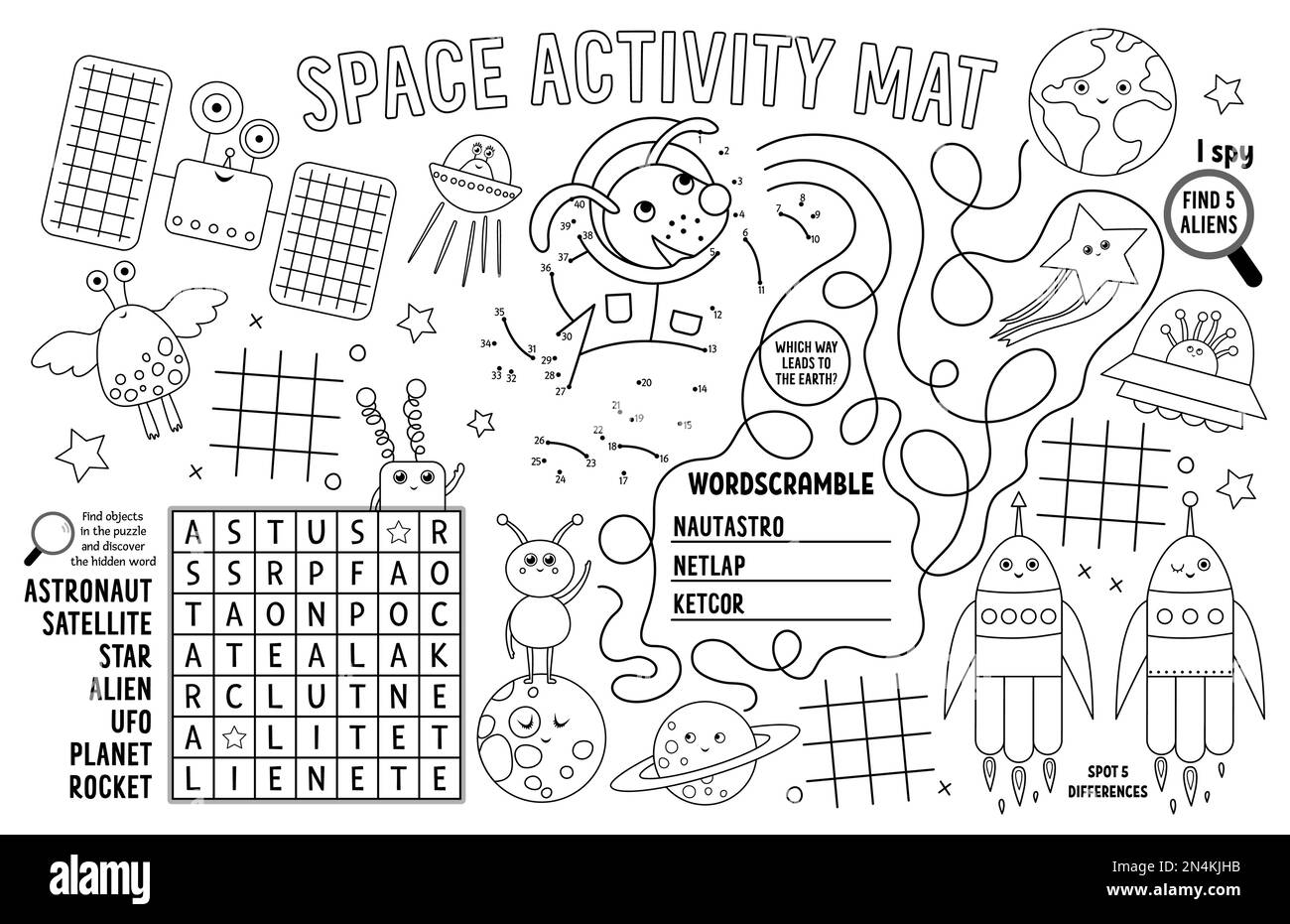 Platzset für Kinder. Märchenhafte Spielmatte mit Labyrinth, Tic tac TOE Charts, verbinde die Punkte, finde den Unterschied. Schwarz-Weiß-pla Stock Vektor