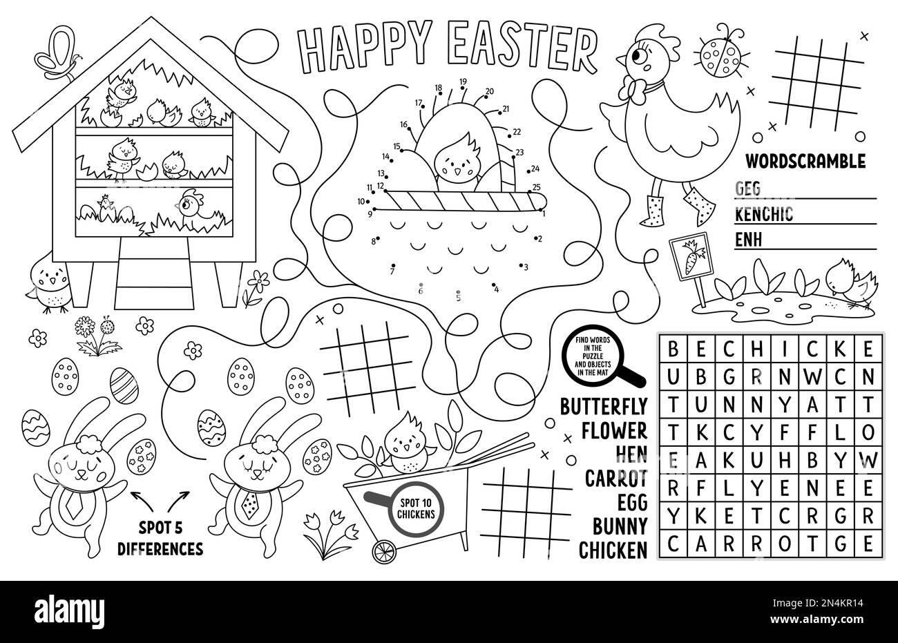 Vector Easter Tischset für Kinder. Im Frühling ausdruckbare Spielmatte mit Labyrinth, Tic tac TOE Charts, verbinde die Punkte, finde den Unterschied. Schwarz und wusch Stock Vektor