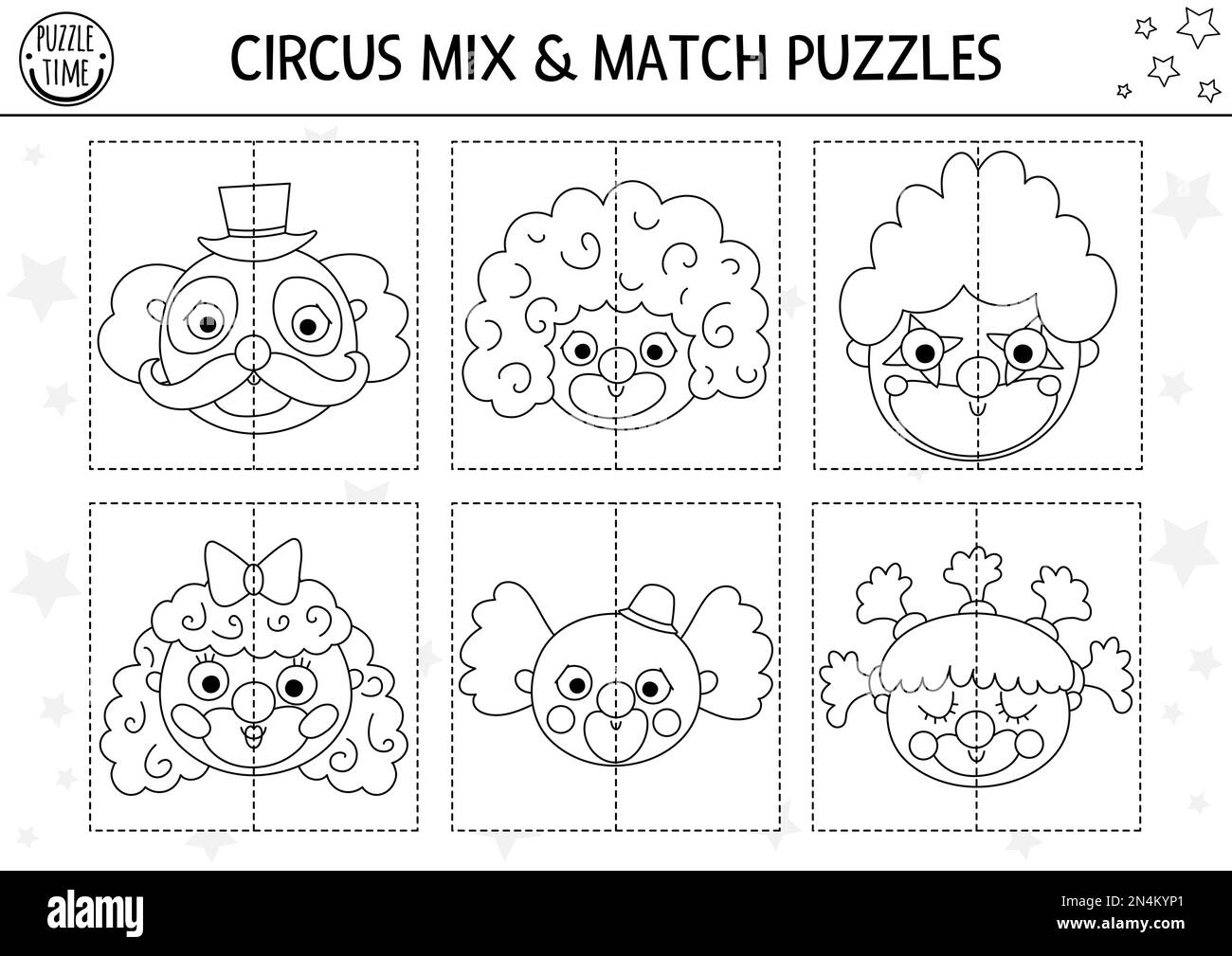 Vector Zirkus Schwarz und Weiß mischen und kombinieren Puzzle mit Clown-Gesichtern. Passende Leinenaktivität oder Malseite für die Unterhaltungsshow. Lehrreiches, druckbares Gam Stock Vektor