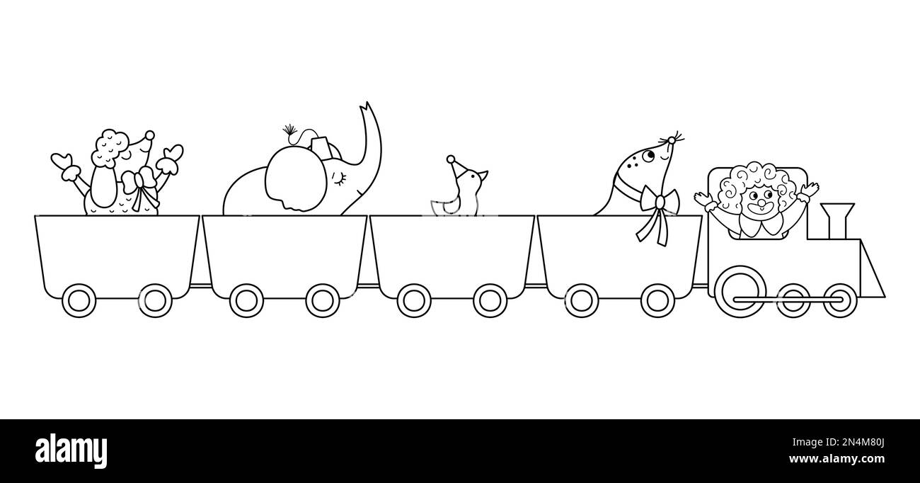 Vektorzug schwarz-weiß mit Zirkustieren und Clown. Liniensymbol für Vergnügungsurlaub. Süße, lustige Festivallokomotive mit Figuren. Straßenschau c Stock Vektor